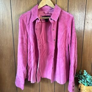 Bernardo Pink Suede‎ Genuine Leather Jacket Shirt Button Up Size 14 Boho Retro